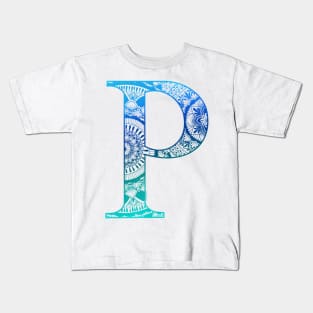 Mandala Letter Capital P Blue Kids T-Shirt